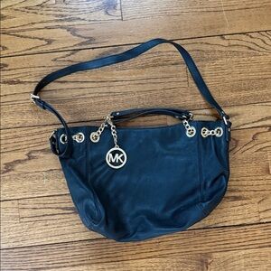 Michael Kors Black Pebbled Leather Shoulder Bag with Gold MK Charm